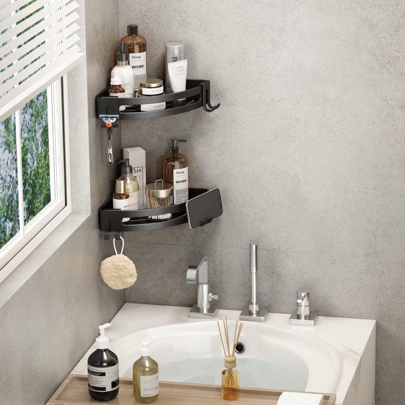 VOLPONE Corner Shower Caddy with Razor Holder Adhesive Shower Shelf Corner No Drilling (adhesive mounting, no suction cup) Bathroom Shower Organizer Storage Rack (2-Pack, Black) - Image 4